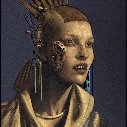 Prompt: portrait of a cyberpunk character, ( ( ( art by johannes vermeer ) ) ), cybernetic implant, award winning, masterpiece, intricate, dramatic light, detailed face, highly detailed, asymmetrical, dark