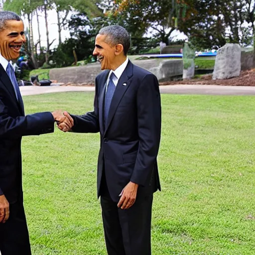 Prompt: Mr Bean shaking hands with Obama
