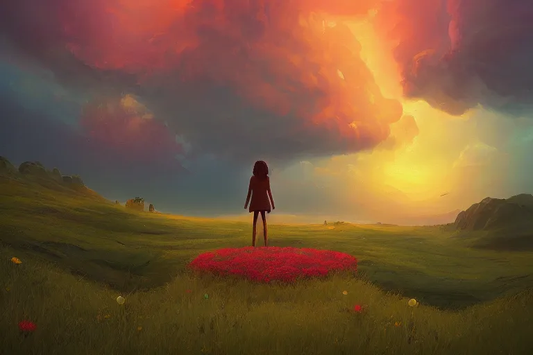 Image similar to giant flower over head, girl standing on cliff, surreal photography, sunset, stars, dramatic light, impressionist painting, storm clouds, digital painting, artstation, simon stalenhag