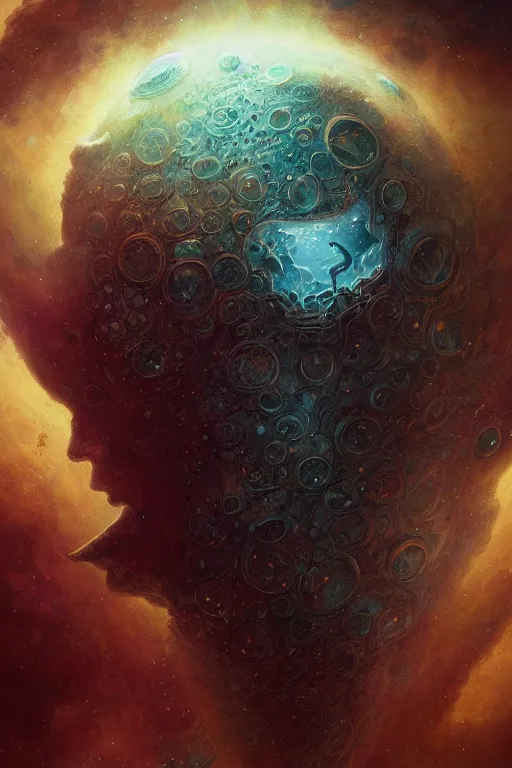 Image similar to close up shot of an astronaut portrait fading into the aether, water elemental, james gurney, peter mohrbacher, mike mignola, black paper, mandelbulb fractal, trending on artstation, exquisite detail perfect, hyper detailed, intricate ink illustration, black background