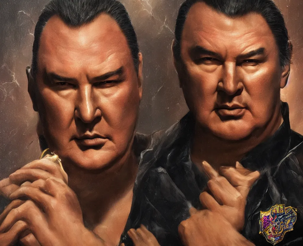 Image similar to dramatic portrait of Steven Seagal from above the law, bloomed lighting, angelic, futuristic, beautiful colors, slightly golden, very sharp likeness, very detailed, chopping hands, electrical details, cinematic lighting high details, 4k, 8k, trending on artstation, ultra-realism