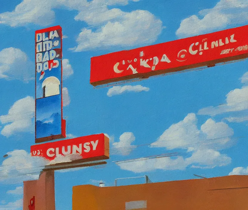 Prompt: a very detailed painting of one ad billboard, baby blue sky with very aesthetic stylized clouds, in the style of edward hopper and kandinsky, very small brushstrokes, 4 k,