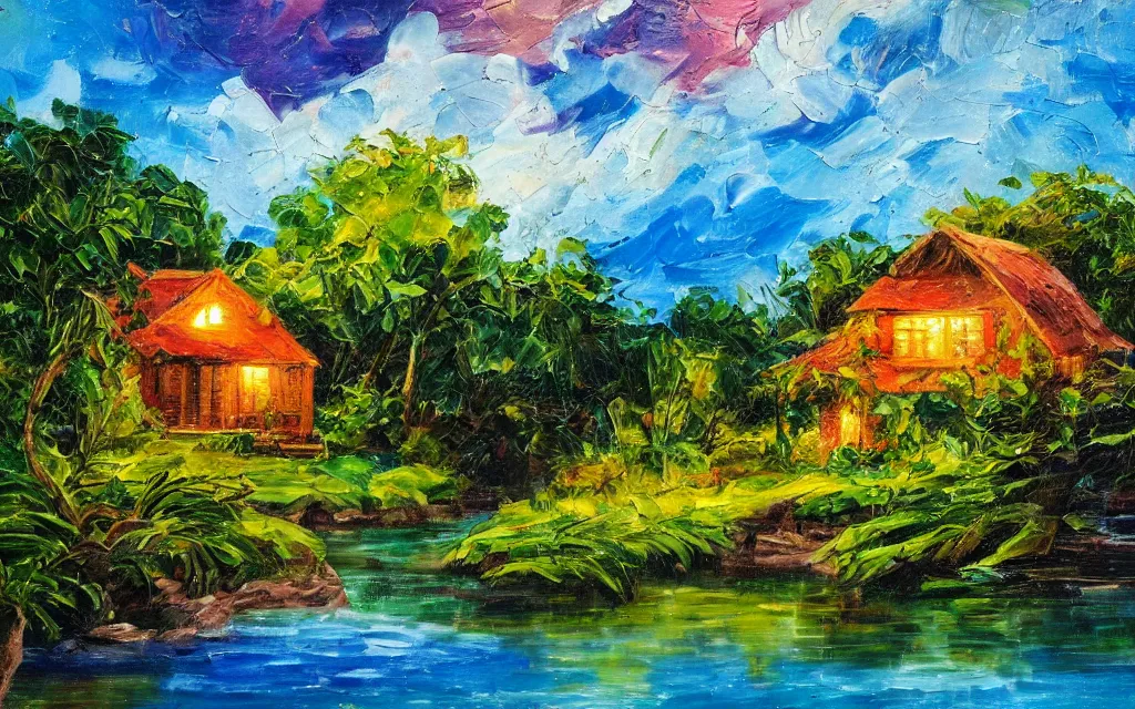 Prompt: a small island surrounded by water with a cozy cottage, with a garden courtyard, tropical forest, river, waterfall, sunset, puffy clouds, dramatic and dynamic lighting, thick brush strokes oil impasto painting