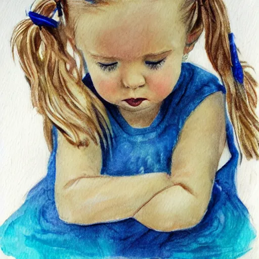 Image similar to 3 year old blonde girl in pigtails looking down at iphone, pencil and watercolor on white by eloise wilkin