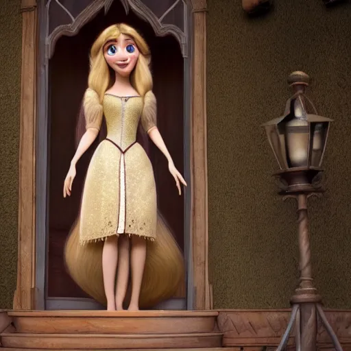 Image similar to Jennette McCurdy as Rapunzel in disney tangled live action, 8k full HD photo, cinematic lighting, anatomically correct, oscar award winning, action filled, correct eye placement,