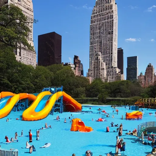 Image similar to photo of a large water park with numerous slides and water rides inside of central park. the new york city skyline is shown in the background.