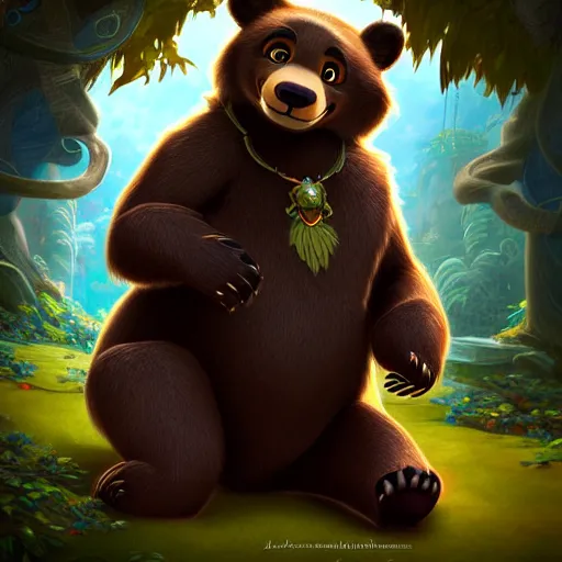 Prompt: beautiful detailed cute character design of a cartoon black bear, tlk, tlk, in the style of'the jungle book'profile pic. deviantart adoptable, style of maple story and zootopia, portrait studio lighting by jessica rossier and brian froud in the style of disney balto, artstation deviantart alphonse mucha bear