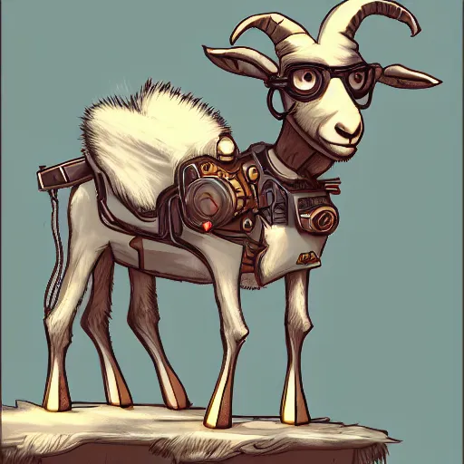 Prompt: a goat who is a mad scientist, wearing a lab coat, inventing a time machine, steampunk style, digital art, trending on artstation and unreal engine, deviantart, smooth, hyper detailed, coherent