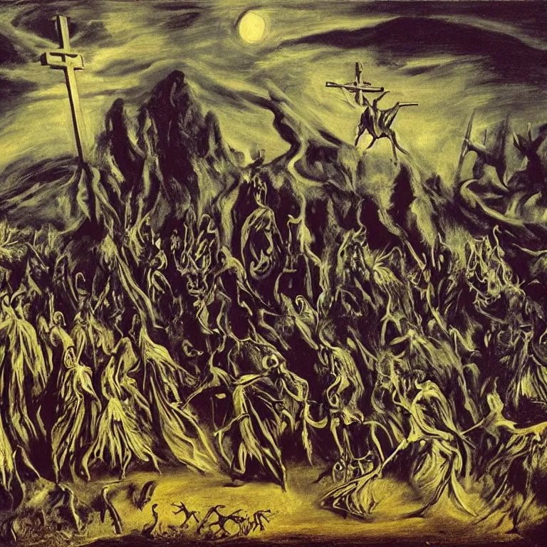 Prompt: A Holy Week procession of grim reapers in a lush Spanish landscape at night. A hooded figure at the front holds a cross. El Greco, Remedios Varo, Salvador Dalí, Zdzisław Beksiński. Technicolor.