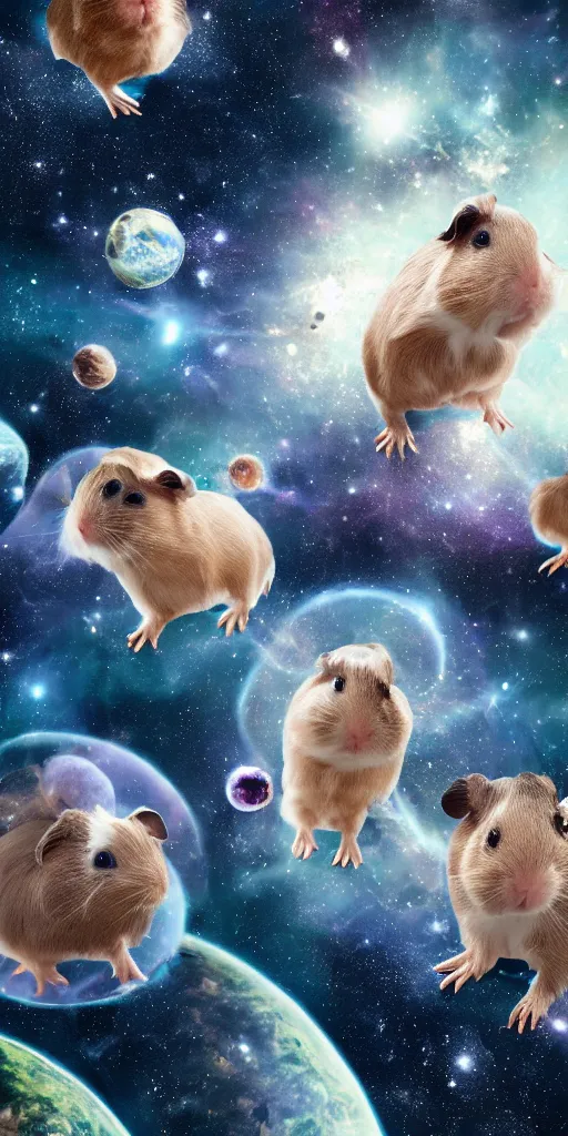 Prompt: ultra realistic guineapigs's portrait floating in space suits floating in space on the cover of vogue magazine, 4 k, 8 k, nebula, universe, many stars, space station