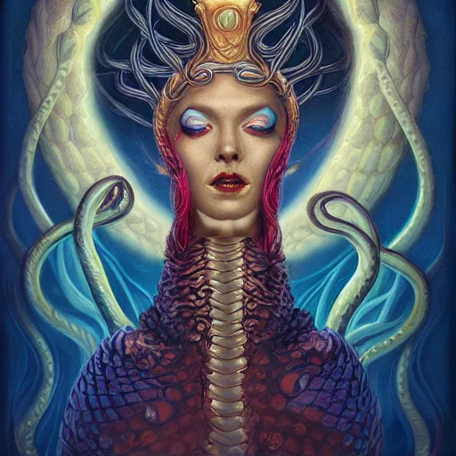 Prompt: queen of snakes, crown of snakes, blue skin, royal, by Anato Finnstark, Tom Bagshaw, Brom