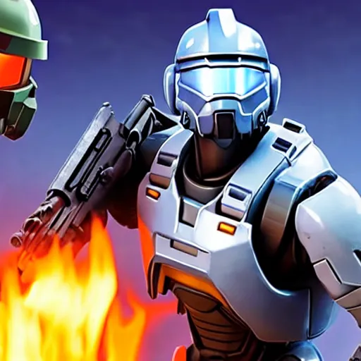 Prompt: Master Chief and Robocop share a pizza, candlelit date, a screenshot from Fortnite