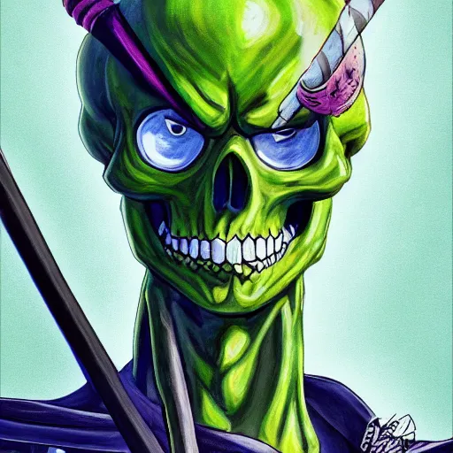 Image similar to portrait painting of skeletor as roronoa zoro, art by eiichiro oda, 4 k, one piece artstyle, cel shaded, highly detailed, epic lighting