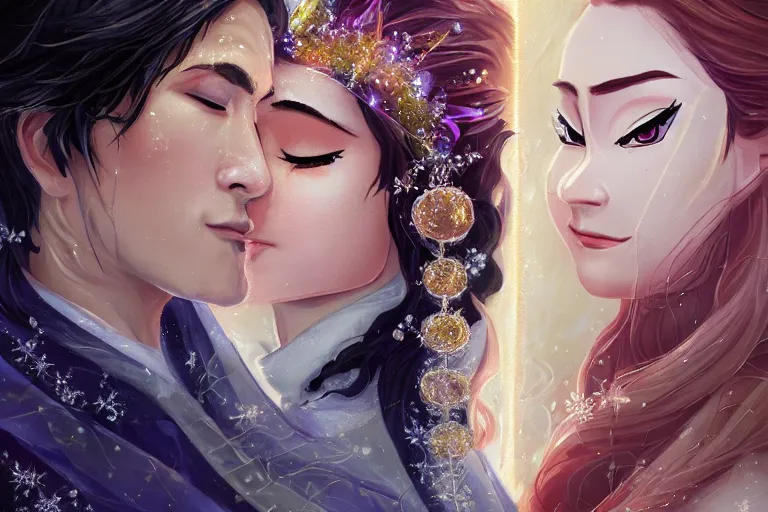 Image similar to a cinematic portrait of wedding photograph jpeg close up moment of a divine a japan sun god and moon goddess lovers magician at a wedding banquet. portraiture. digital painting. artstation. concept art. wedding photo. illustration. frozen ii art masterpiece by art by krenz cushart