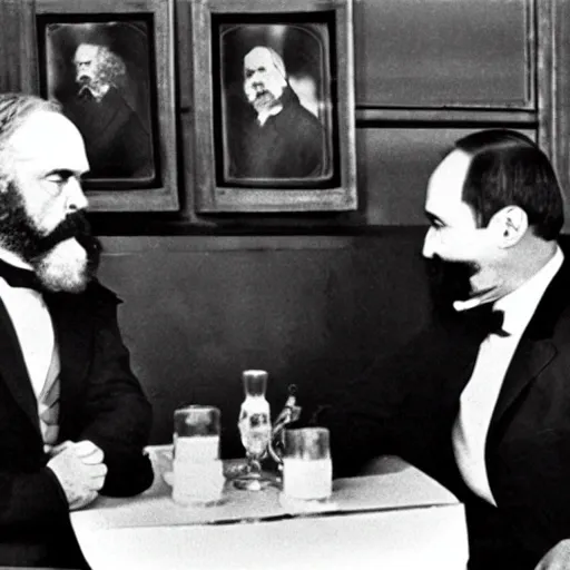 Image similar to karl marx and vladimir putin discussing communism, photo 1960, restaurant background