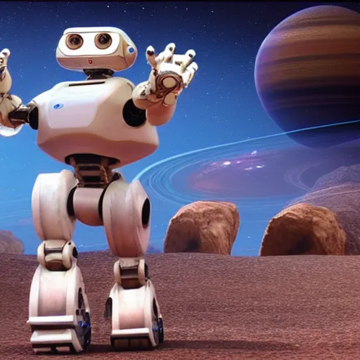 Image similar to 3 d rendered movie still pearlescent quadruped robots from saturn. the robots fight in epic outer space battles and have disco dance contests on saturn. science fiction, blockbuster movie, imax, 7 0 mm, 4 k, future, computer - animated science fiction film, space odyssey, bladerunner, silent running, wall - e