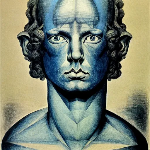 Image similar to blue lithography on paper conceptual figurative ( post - morden ) monumental dynamic portrait drawn by ( ( ( william blake ) ) ) and goya and hogarth, inspired by escher, illusion surreal art, highly conceptual figurative art, intricate detailed illustration, controversial poster art, polish poster art, geometrical drawings, no blur