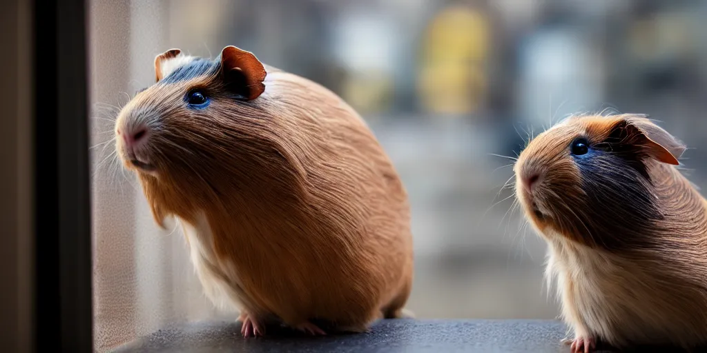 Image similar to a guinea pig sits looking out the window at night, watching cars go by on a road in Paris, 4k photorealism