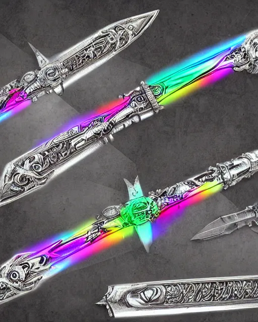 Prompt: legendary glowing sword of cybernetic technology on a table, digital award winning artwork, intimate, intricate, long sharp black and iridescent blade, ornate spikes, colorful hilt, vivid detailed realistic, raytraced blade, colored gems, golden pommel, by yoshitaka amano and deviantart