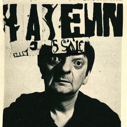 Prompt: mark e smith with a price tag on his head that says for sale