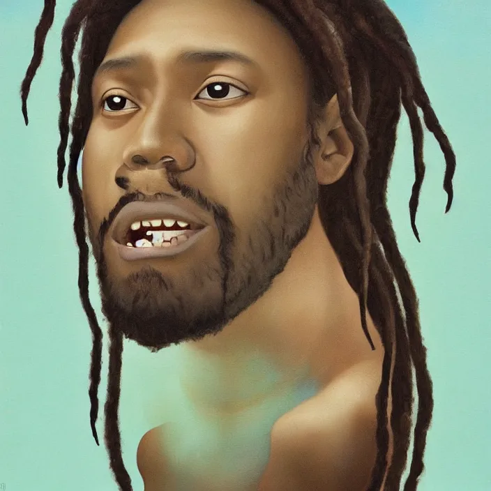 Prompt: UFO hovering around an African Jesus with dreadlocks, painting by Hsiao-Ron Cheng,