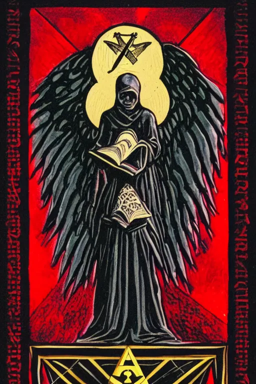 Prompt: dark angel holding a book of necronomicon, tarot card, masonic, secret society, communism, socialism, symmetrical, cinematic, sharp focus, 4 k, ultra hd, sense of awe, forbidden knowledge