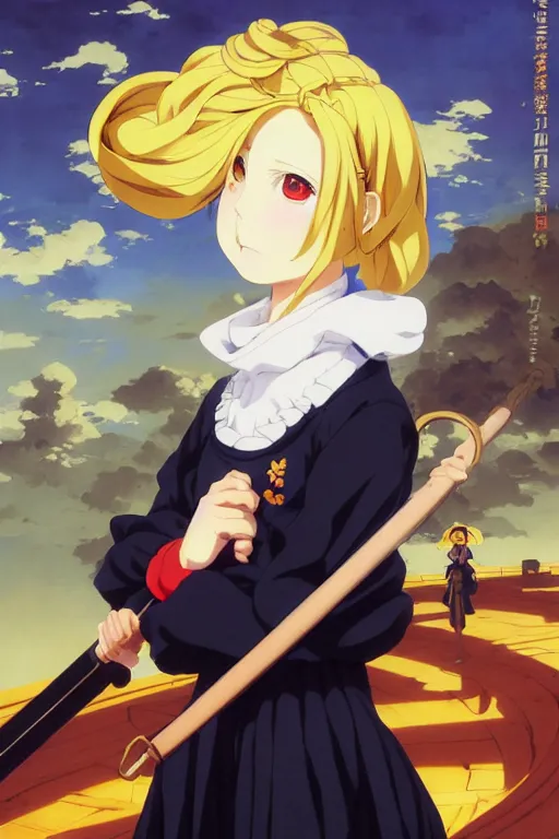 Image similar to baroque oil painting of propaganda poster anime key visual full portrait, young anime maid black canvas nazi uniform, blonde hair blue eyes, brutalist dark fantasy, rule of thirds golden ratio, fake detail, trending pixiv fanbox, acrylic palette knife, painted by makoto shinkai genshin impact studio ghibli jamie wyeth greg rutkowski chiho aoshima