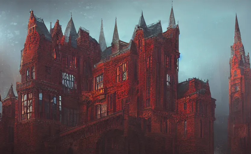 Image similar to colonial and gothic architecture castle with red bricks, high detailed, cinematic landscape, atmospheric lighting, trending on artstation, a fantasy art by feng zhu