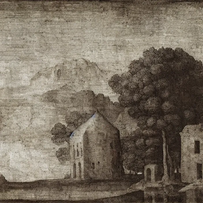 Image similar to a building in a serene landscape, by leonardo da vinci