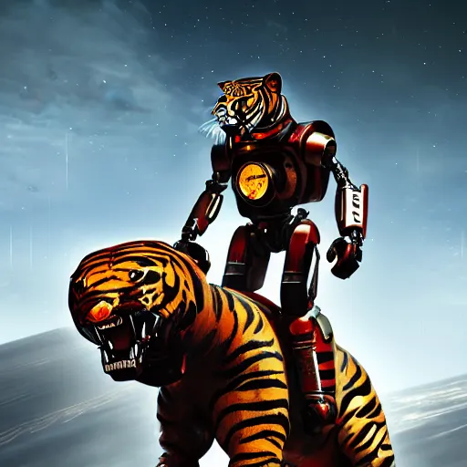 Prompt: A hyper real comic book style portait painting of futuristic robot on riding a real tiger on the moon, unreal 5, hyperrealistic, octane render, cosplay, RPG portrait, dynamic lighting