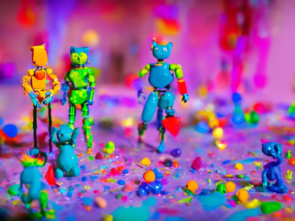 Prompt: a cinematic film still of a claymation stop motion film, a gay mage and his artist boyfriend in a colorful glass universe, making robotic kittens, shallow depth of field, 8 0 mm, f 1. 8