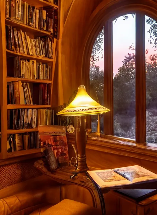 Image similar to an incredibly beautiful scene from a 2 0 2 2 marvel film featuring a cozy art nouveau reading nook in a fantasy treehouse interior. an end table with a lamp. golden hour. 8 k uhd.