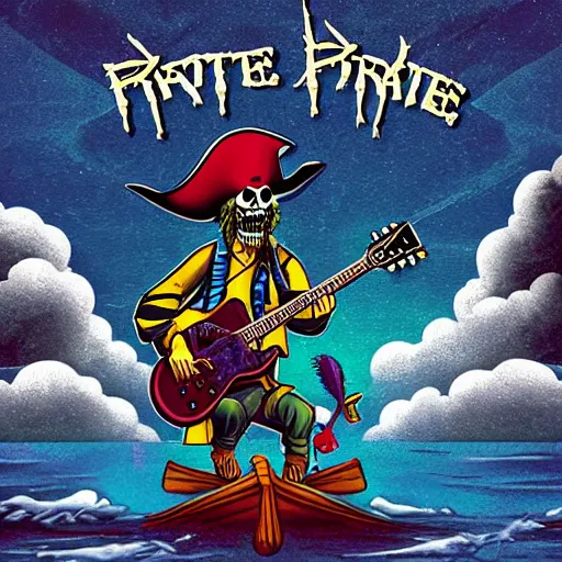 Prompt: rock album cover of a pirate playing an electric guitar onboard his ship