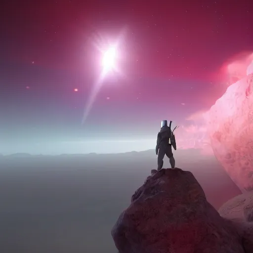 Prompt: sword standing on a glowing rock, distant planet in background, fog, glow, sharp, 4 k, lens flare, highly detailed digital art, trending on artstation