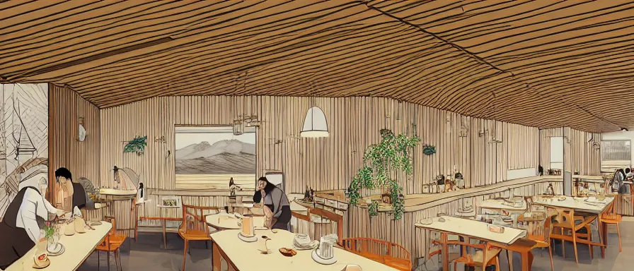 Image similar to a beautiful interior view illustration of a small roasted string hotpot restaurant of baota mountain in yan'an city, animation illustrative style, from china, restaurant theme wallpaper is baota mountain, rectangle white porcelain table, black chair, simple style structure decoration design, victo ngai, james jean, 4 k hd