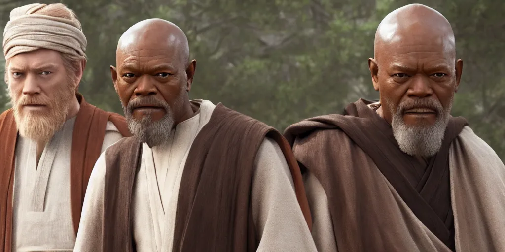 Prompt: obi - wan kenobi disney plus show, played by ewan mcgregor and old mace windu played by samuel l jackson, greet eachother, old friends, accurate ultra realistic faces, 4 k, movie still, uhd, sharp, detailed, cinematic, render, modern
