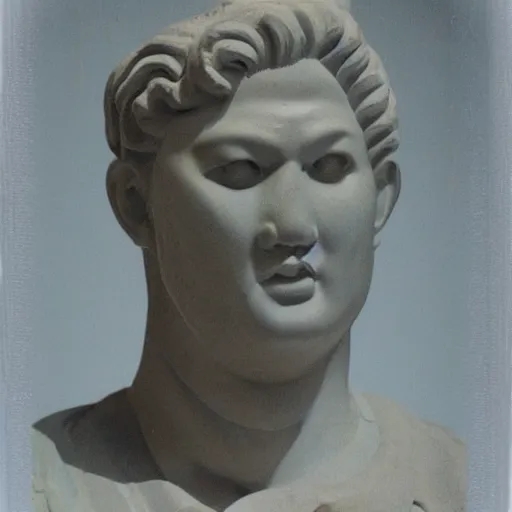 Prompt: Polaroid photo of fragmented greek sculpture of Kim Jong Un