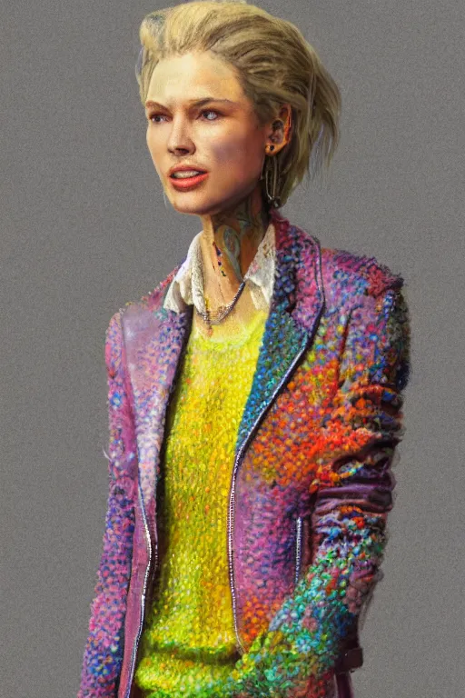 Prompt: a scene with a character wearing a super colorful muted color diy! suit, and a leather jacket with a lot of pockets and details, super intricate jewelry, vivienne westwood!, detailed photoreal render octane render, pointillism, oil on canvas