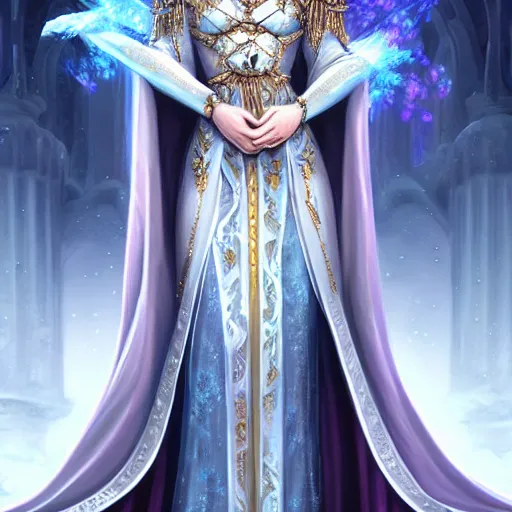 Image similar to beautiful ice queen in ornate robes, highly detailed, 8 k, hdr, award - winning, trending on artstation, anne stokes, photorealistic