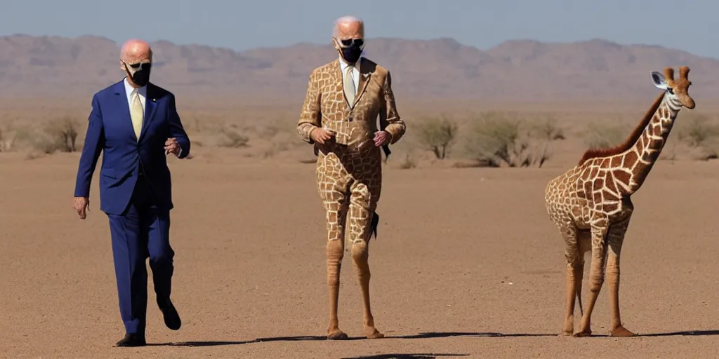 Image similar to Joe Biden in a giraffe suit , walking in the desert