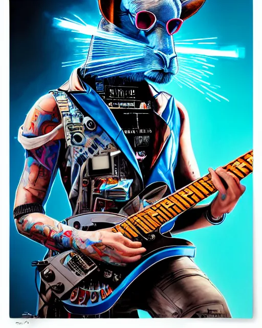 Prompt: a portrait of an anthropomorphic cyberpunk blue lhama shredding an electric guitar by sandra chevrier, by jon foster, detailed render, tape deck, epic composition, cybernetics, 4 k realistic, cryengine, realistic shaded lighting, sharp focus, masterpiece, by enki bilal