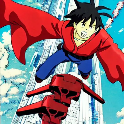 Image similar to an anime image in the style of akira, with a character leaping through the air, striking at a huge bat robot.