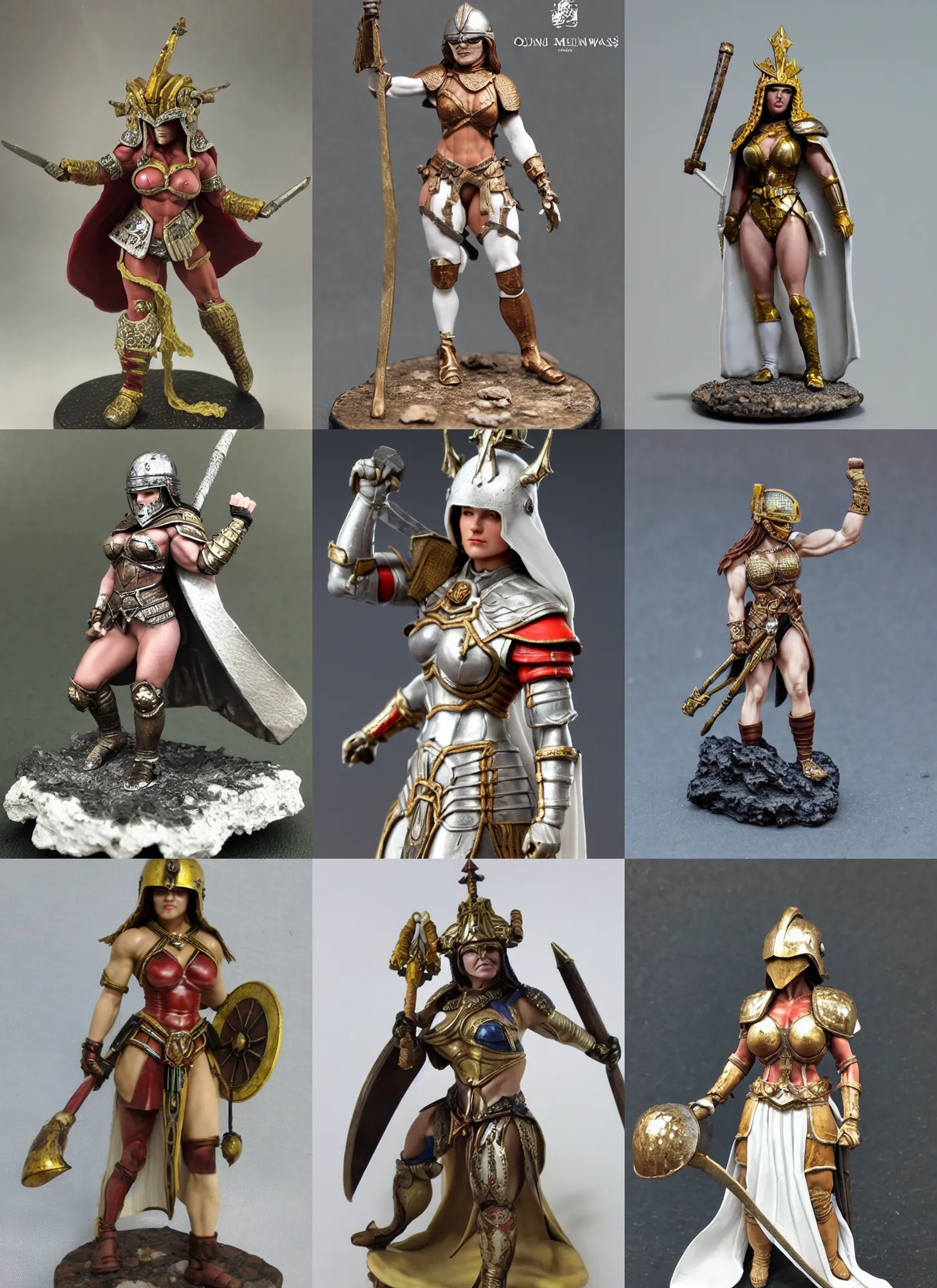 Prompt: 80mm resin detailed miniature of a Very Muscular Woman, Queen of war, iron mask and helmet, long white cloak, on textured base; Miniature Photos, 4K, Full body; Front view