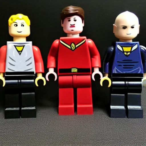 Prompt: Captain Picard, Commander Riker, Data, Geordi Lego figurine, Starfleet uniform