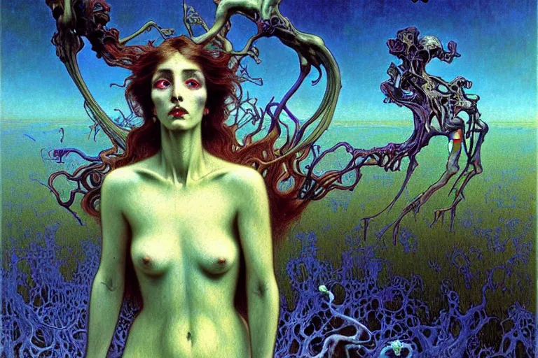 Image similar to realistic detailed portrait painting of a beautiful female zombie, nightly graveyard landscape background by Jean Delville, Amano, Yves Tanguy, Alphonse Mucha, Ernst Haeckel, Edward Robert Hughes, Roger Dean, masterpiece, cinematic composition, dramatic pose, 4k details, rich moody colours, blue eyes