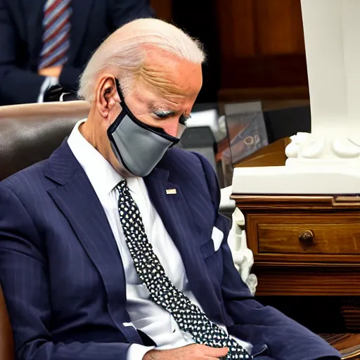 Prompt: joe biden sleeping on a bench in congress with his head on a white pillow sucking on a pacifier