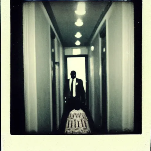 Prompt: A creepy polaroid of Obama chasing you in a narrow hallway