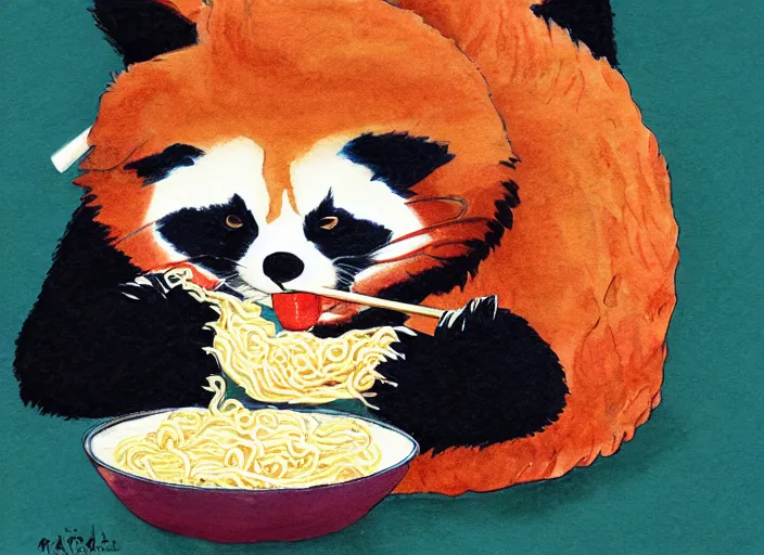 Prompt: red panda eating ramen noodles, water color illustration, by miyazaki