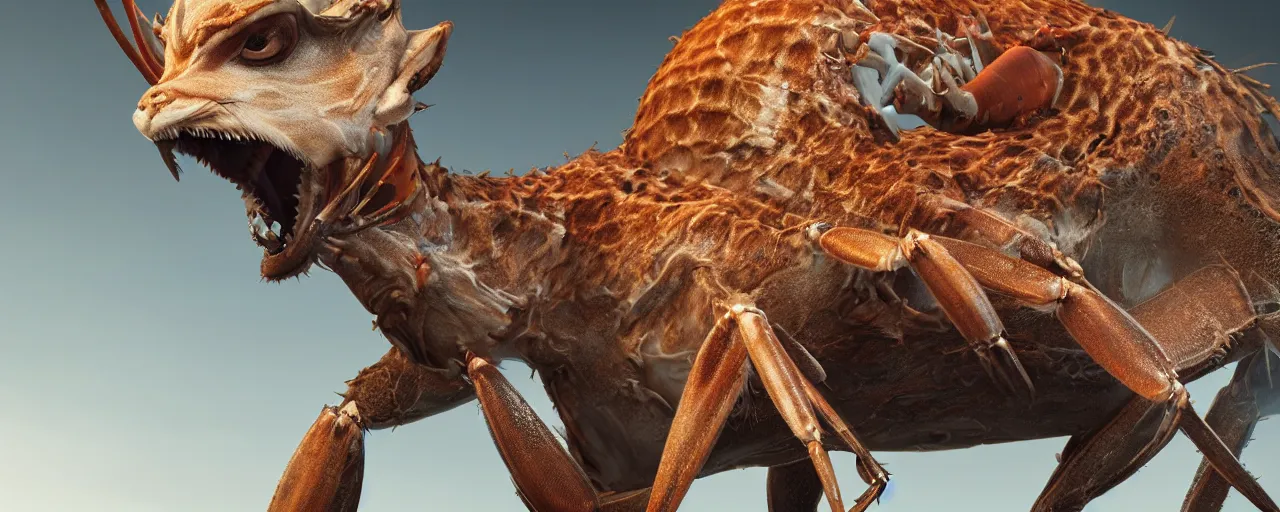 Image similar to creature design, a gazelle with crustacean carapace, crab picers, palp eyes, cryptid, cinematic lighting, octane render, cinematic aura lighting, atmospheric, photorealistic, hyperdetailed 3 d matte painting, hyperrealism, hyperrealistic