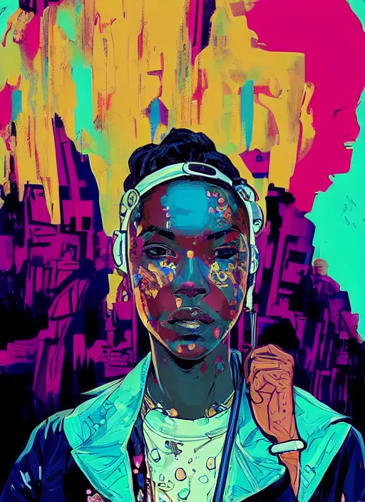 Image similar to sophia igwe. cyberpunk. portrait illustration, pop art, splash painting, art by geof darrow, ashley wood, alphonse mucha, makoto shinkai ( apex legends )